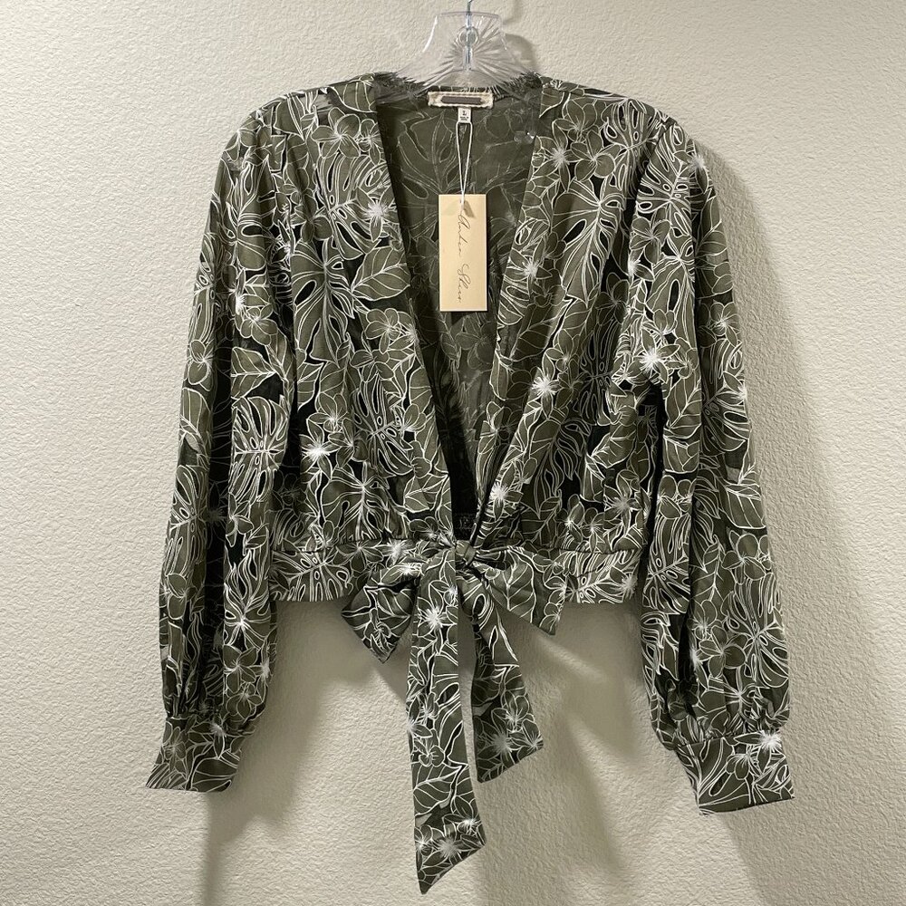 Amber Skies Olive Tropical Burnout Woven Long Sleeve Cropped Plunge Top L NWT